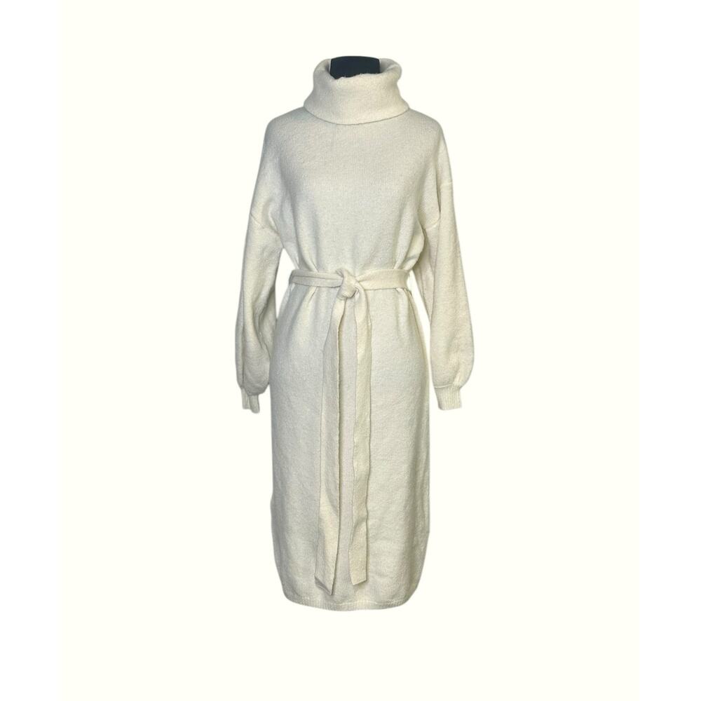 ASOS DESIGN Cream knitted tie waist roll neck midi dress size 2P
